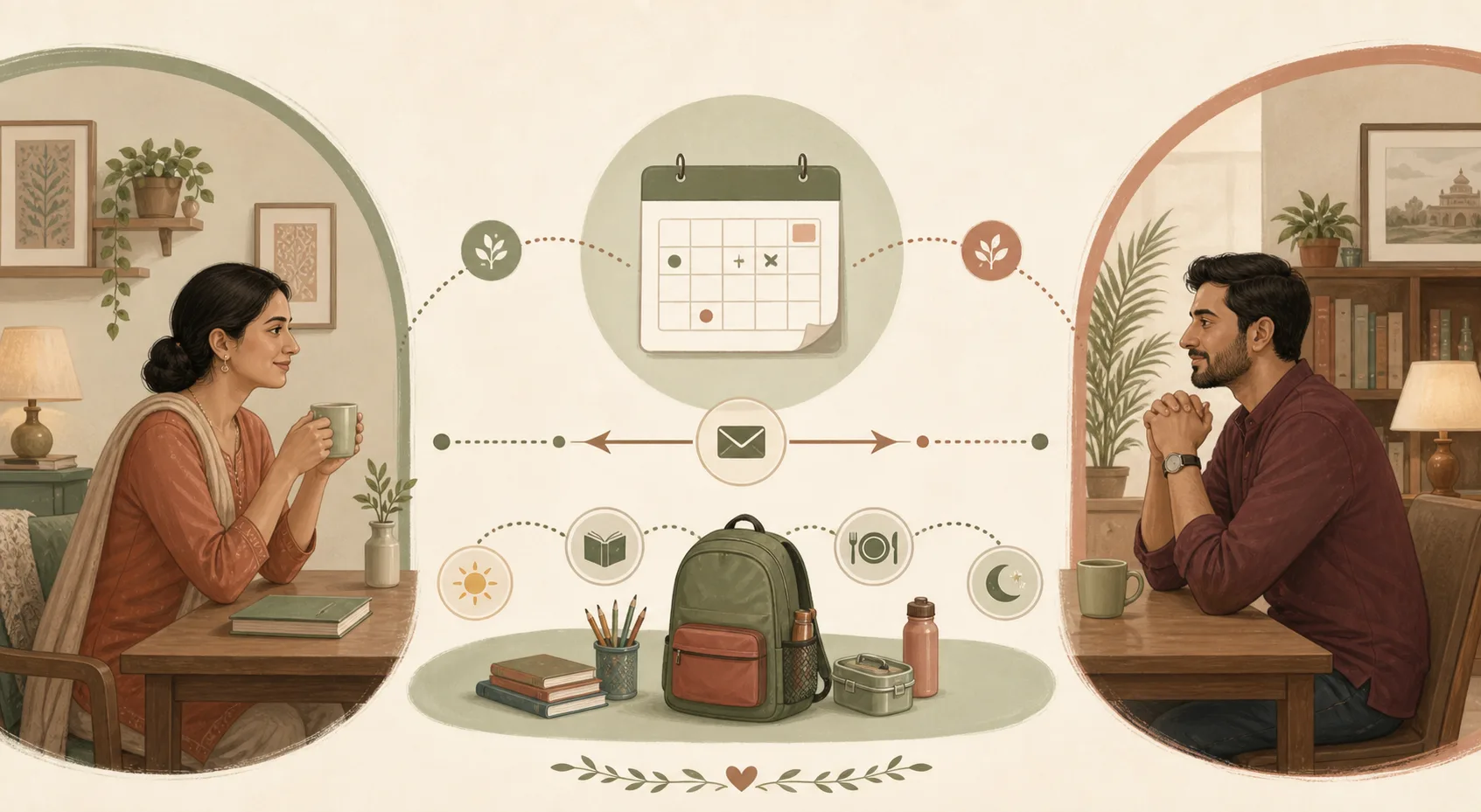 A child-first co-parenting communication map with separate homes, a shared calendar, and protected school routine