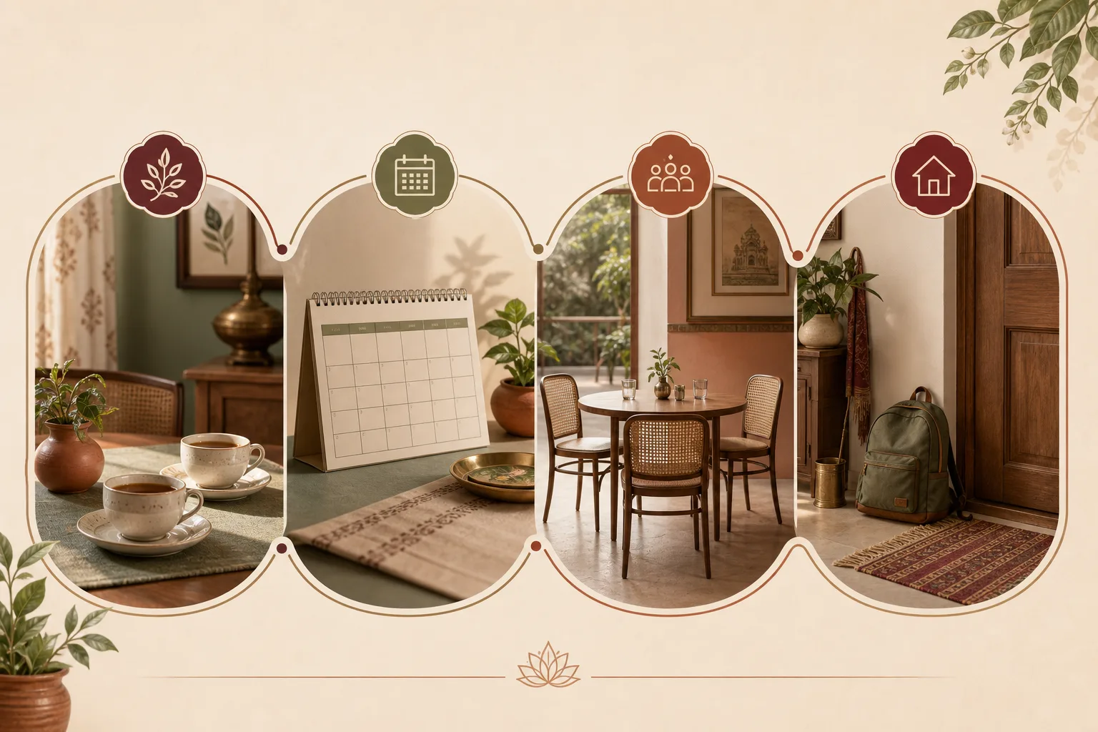 A slow introduction path showing private adult discussion, calendar planning, a neutral meeting table, and a stable home routine