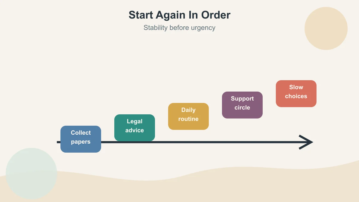 Step graphic for starting again after divorce after 50 with papers, legal advice, routine, support, and slow choices