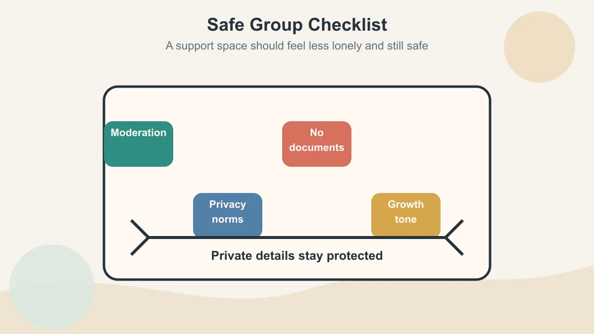 Safe support group checklist covering moderation, privacy norms, no documents, and growth tone