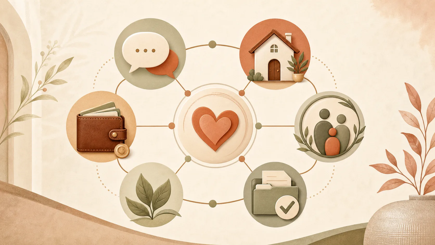 A six-part readiness map connecting communication, home, family boundaries, finances, health, and legal clarity before remarriage after 40