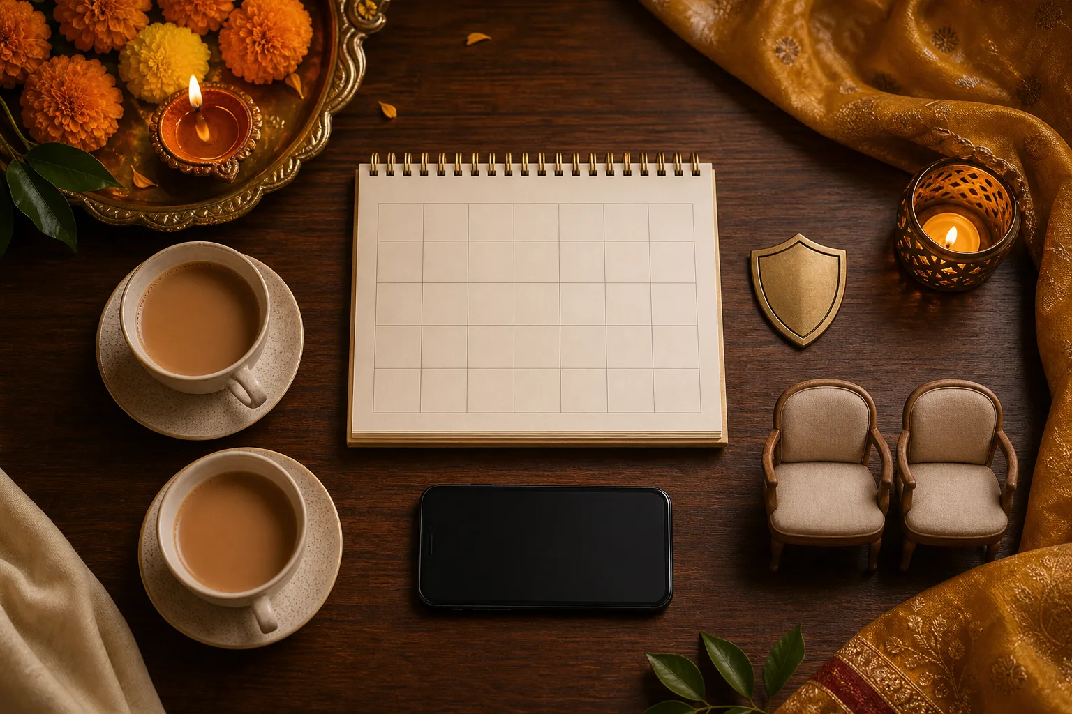 A festival conversation readiness checklist with a calendar, private tea, a phone put away, privacy protection, and a quieter follow-up setting