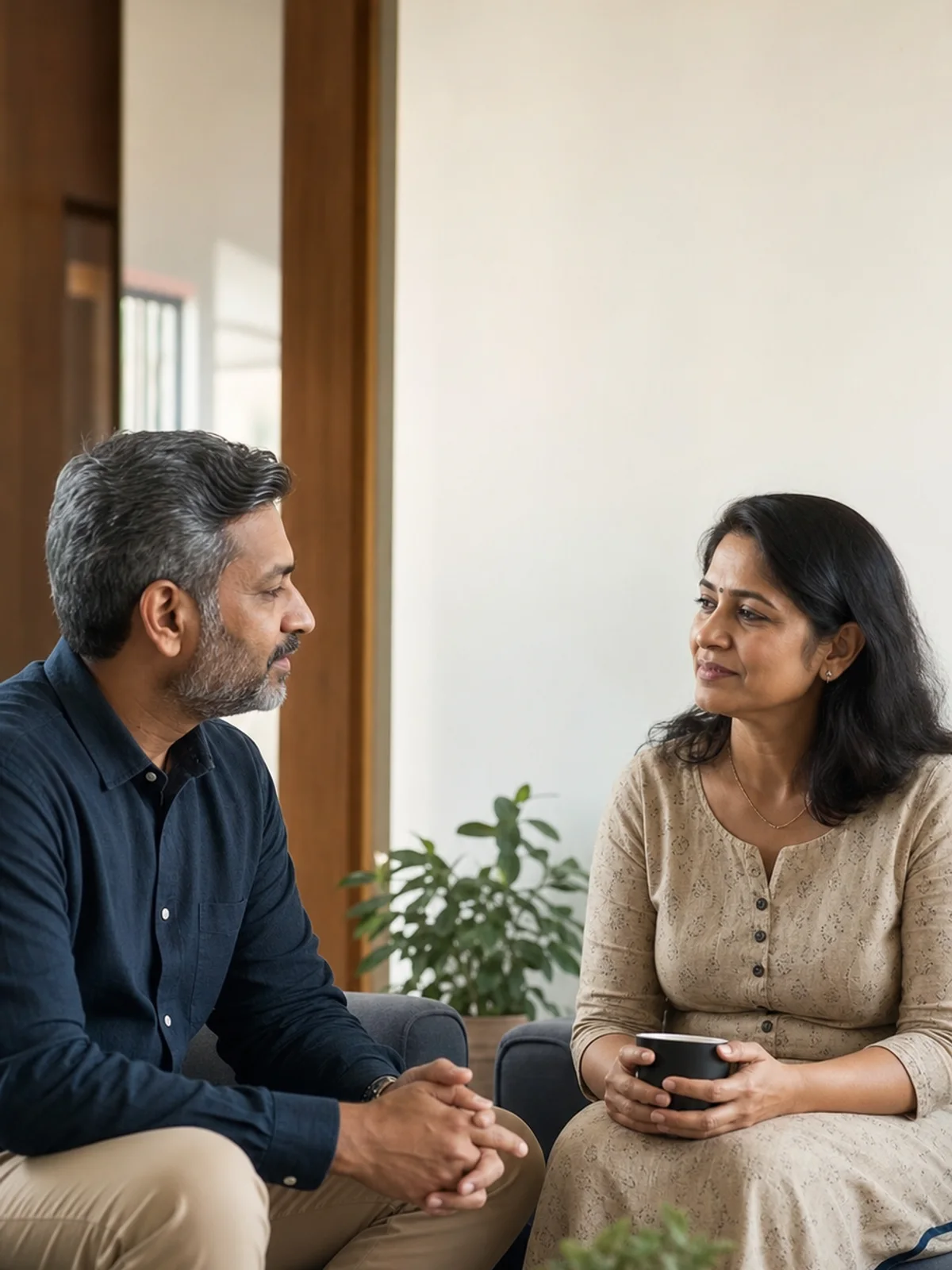 Two mature Indian adults having a calm private remarriage conversation