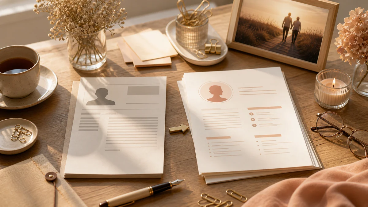 Blank profile sheets, fountain pen, and warm desk objects for biodata editing
