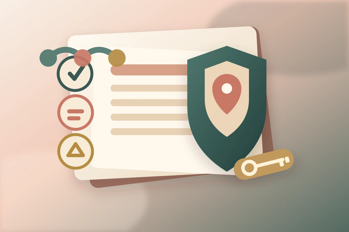 Layered family planning cards, compass, home key, and child-safety notes