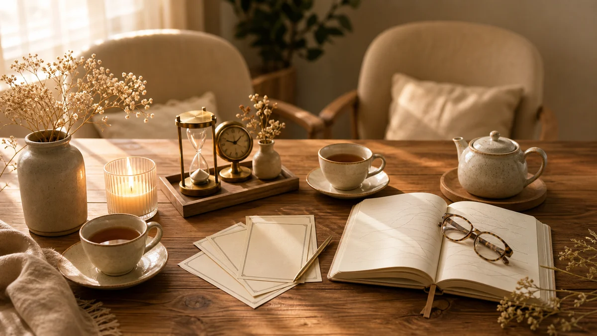 Tea cups, blank conversation cards, notebook, and two chairs for a calm family talk