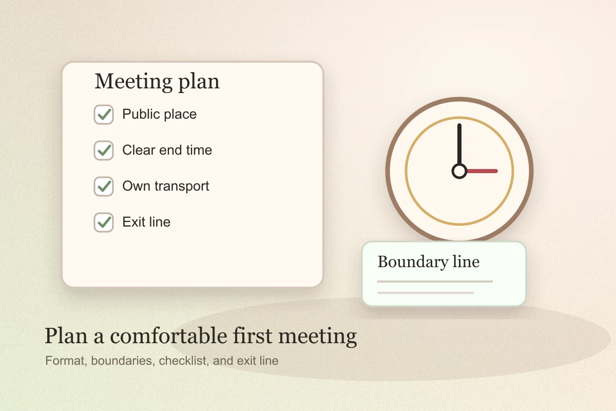 Warm tabletop with meeting checklist cards, clock, and public-place planning notes