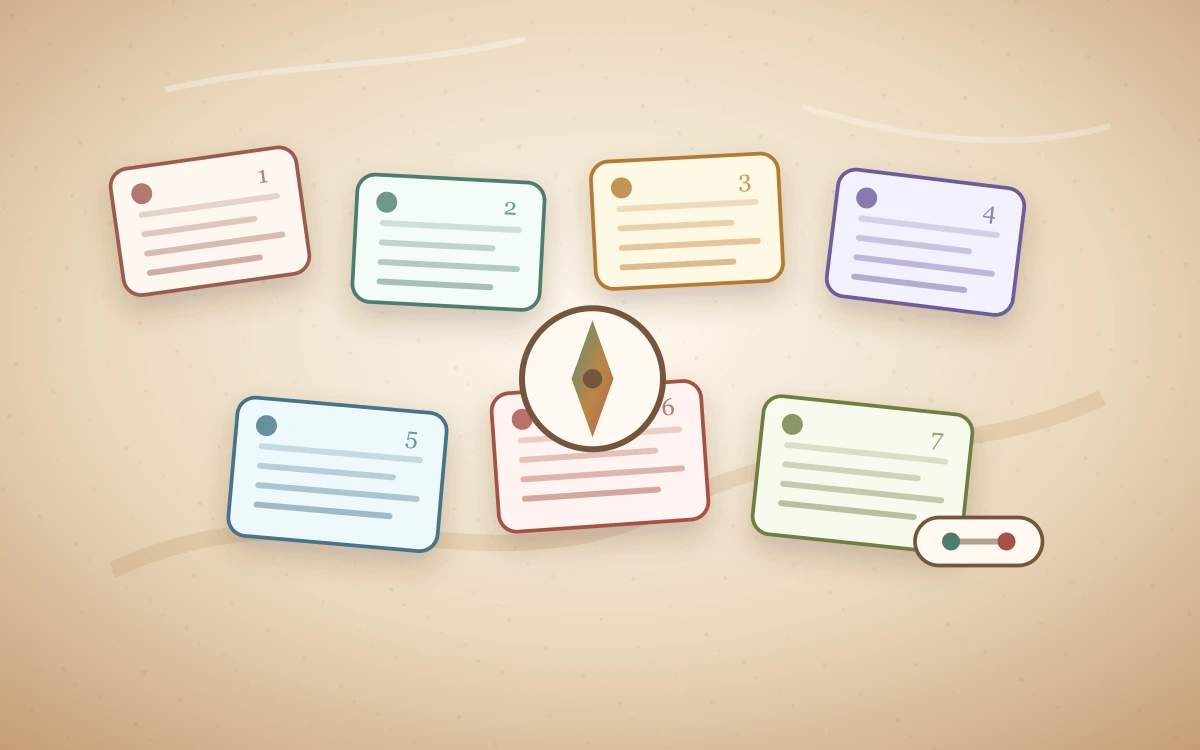 Warm tabletop with seven conversation cards, compass, and privacy marker