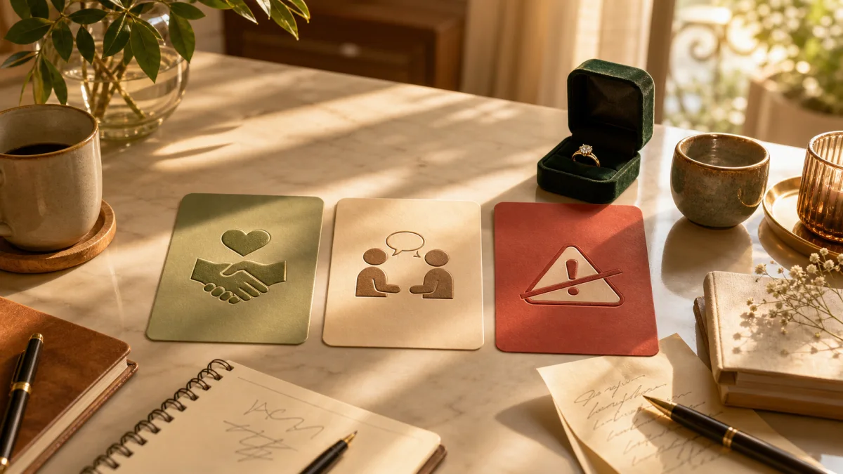 Warm desk with blank green, amber, and red relationship signal cards