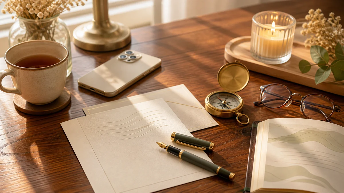 Blank stationery, fountain pen, phone face down, and warm desk objects