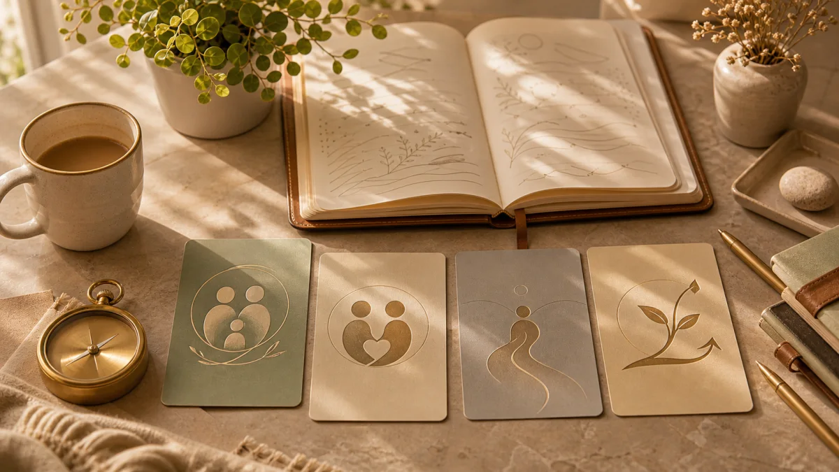 Open journal with brass compass, blank cards, and a warm path scene