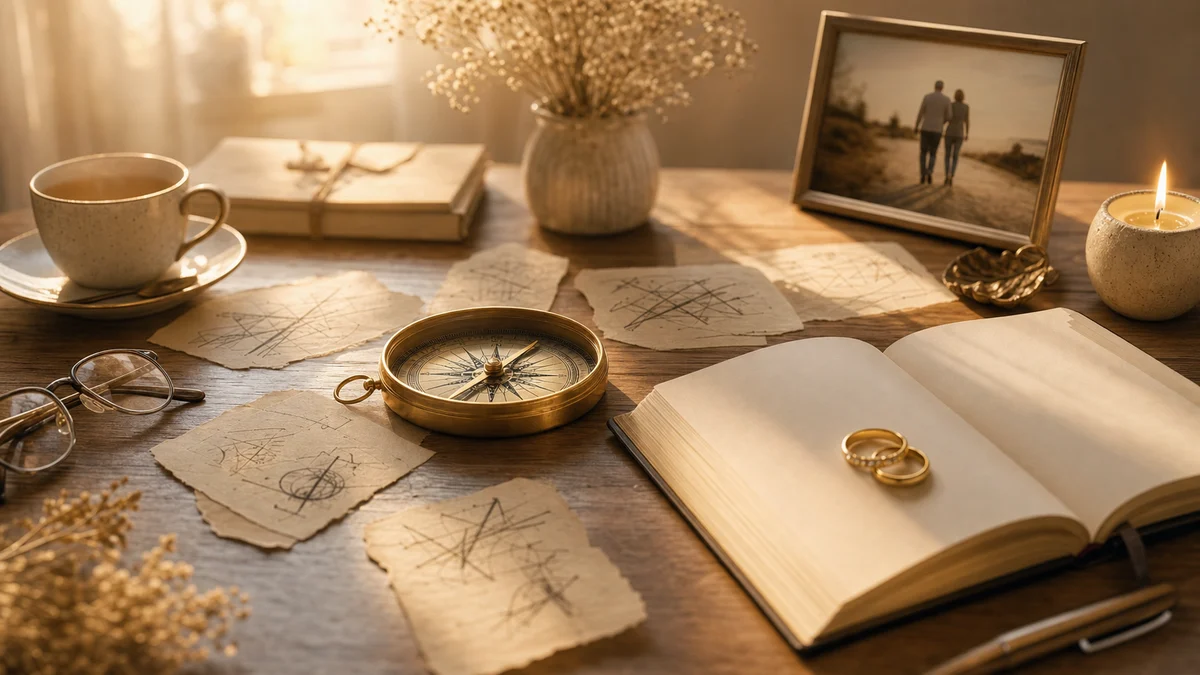 Warm desk with brass compass, journal, wedding rings, and reflection notes
