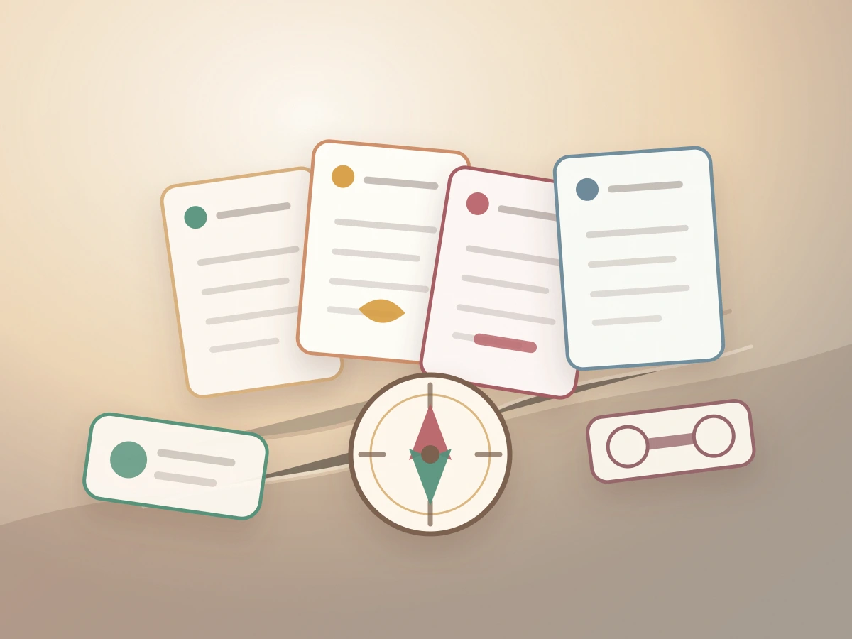Warm tabletop with option cards, compass, and boundary marker
